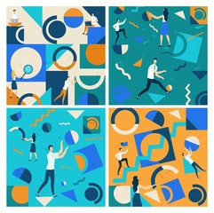Set Informative Flyer Strategy and Process Success. Connection Between Emotional, Economic and Personal Contribution Each Employee to Common Cause. Geometric Pattern Vector Illustration.