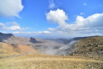 Volcano landscape with steam in Tongariro National Park in New Zealand with a blue sky and white clouds
