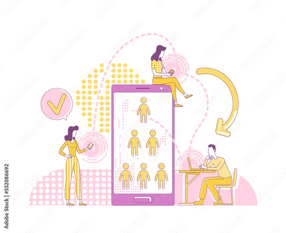 Poster referral program thin line concept vector illustration. social media users 2d cartoon characters for