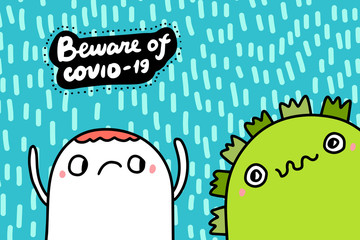 Beware of covid-19 hand drawn vector illustration in cartoon comic style man afraid of coronavirus