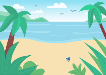 Fototapeta na wymiar Tropical sand beach and sea flat color vector illustration. Seascape with palm trees and flying birds. Exotic peaceful nature. Seashore 2D cartoon landscape with shining sun on background