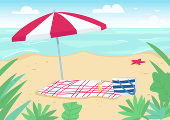 Fototapeta na wymiar Blanket and sun umbrella on sand beach flat color vector illustration. Towel, bag and sunscreen bottle items for sunbathing. Summer vacation. Seacoast 2D cartoon landscape with water on background