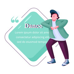 Young male dancer flat color vector character quote. Guy free dancing, breakdance teenage male performer. Citation blank frame template. Speech bubble. Quotation empty text box design