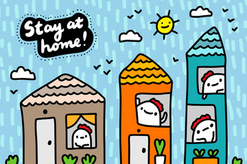 Stay at home hand drawn vector illustration in cartoon comic style people sitting tiny houses self isolation while coronavirus covid-19 infection