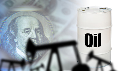 Oil production in the United States. The export of American oil. An oil rig, a barrel of petroleum and dollars on a white background. Agreements on the supply of fuel to the world market.