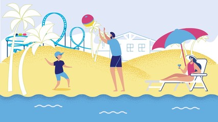 Happy Family Beach Holiday. Father Mother Son Rest on Sea Cost Vector Illustration. Cartoon Man Boy Play Volleyball. Woman Sunbathing with Cocktail. Sea Shore Travel. Summer Vacation Seaside Trip