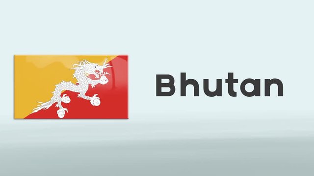 3d Presentation promo intro in white background with a colorful ribon of the flag and country of Bhutan