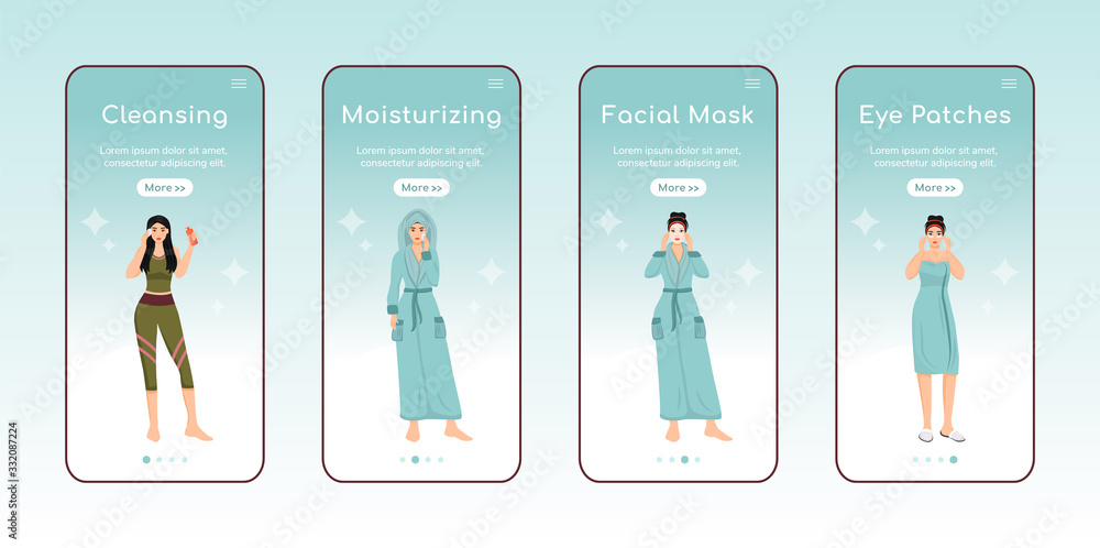 Poster skincare steps onboarding mobile app screen flat vector template. face cleansing and moisturizing. w