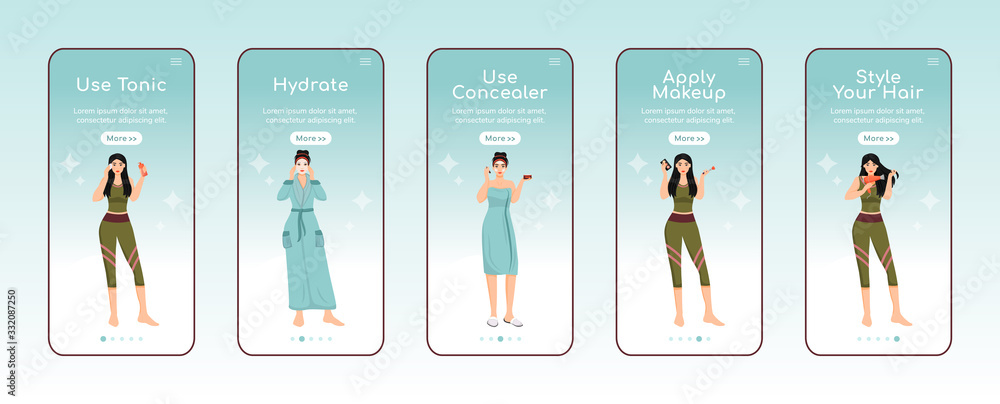 Aufkleber skincare nourishing steps onboarding mobile app screen flat vector template. toner using. walkthroug