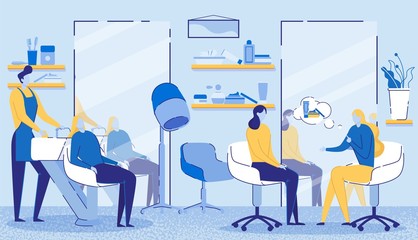 Hairdressing Beauty Salon Interior Flat Cartoon Vector Illustration. Stylist Washing Clients in Bath. Tables, Chairs, Mirrors, Hair Dryer, Shelves with Combs, Spray, Gel and Parfumes.