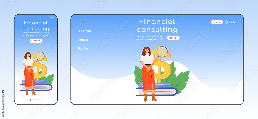 Poster financial consulting adaptive landing page flat color vector template. tax payment assistance mobile