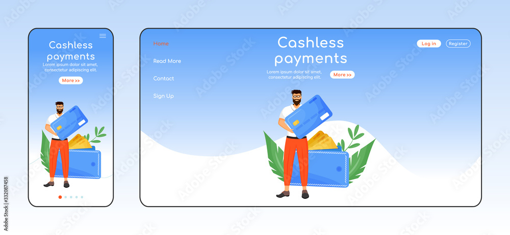Poster cashless payments adaptive landing page flat color vector template. banking service mobile and pc ho
