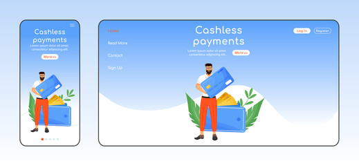 Obraz na płótnie Canvas Cashless payments adaptive landing page flat color vector template. Banking service mobile and PC homepage layout. Fintech one page website UI. Credit card transactions webpage cross platform design
