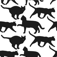 Silhouettes of cats. Black and white seamless pattern