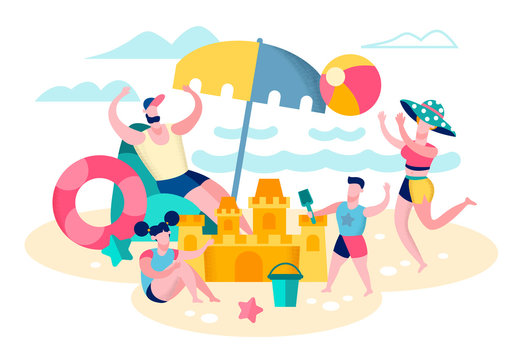 Family Entertainment on Beach During Summer Vacation on Tropical Resort Seashore Flat Vector Concept. Happy Father and Mother Making Sand Castle, Playing Inflatable Ball with Children Illustration © Mykola