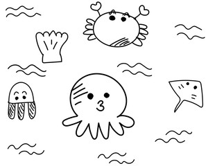 Seamless patern background: There are cute sea animal, carb, shell, ray, octopus and jelly fish in doodle cartoon style for your design.