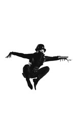 Steampunk actor in glasses and hat posing.