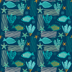 Seamless childish pattern with cute fishes. Hand drawn texture for fabric, wrapping, wallpaper, textile, bathroom decorated and more