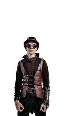 Steampunk actor in glasses and hat posing.