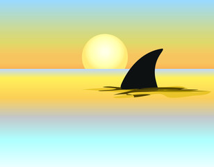 sunset by beach sun with shark fin silhouetts shining yellow clear sky by ocean sea wawes