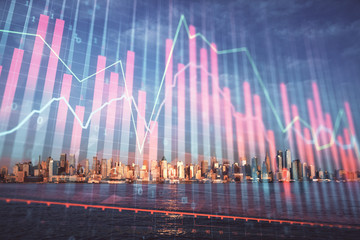 Forex chart on cityscape with skyscrapers wallpaper double exposure. Financial research concept.