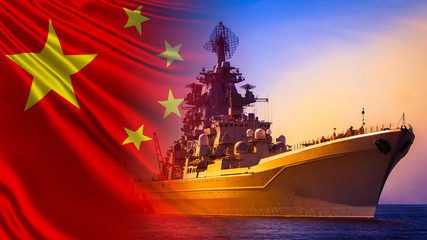Warship close-up on the background of the Chinese flag. Protection of the water borders of the...