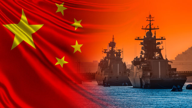 Warships on the background of the flag of China. PRC's Navy. Navy of the Republic of China. Ships of the Chinese Navy. Protecting China's water borders. Fleet of the world's countries.
