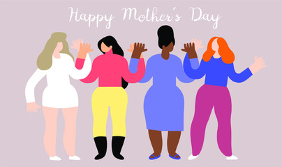 Fototapeta premium Vector. Happy Mother's Day ready to print postcard with four different women for your design, banners, flyers, postcards.