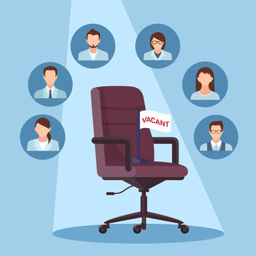 Vacancy Job Position Flat Vector Illustration. Empty Office Chair in Spotlight. Cartoon Candidates, Job Seekers Photos in Round Frames. Male, Female Applicants, Workers Selected for Vacancy