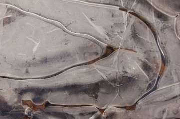 background patterns of ice with cracks in a frozen puddle