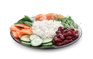 Tasty rice with beans and vegetables isolated on white