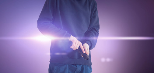 crime bandit with a small black gun isolated against the colourful wall, simple abstract outlaw...