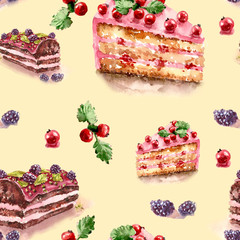 Seamless pattern. Watercolor illustration. Slices of chocolate cake and biscuit decorated with currants and blackberries