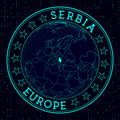 Serbia round sign. Futuristic satellite view of the world centered on Serbia. Country badge with map, round text, and binary background. Creative vector illustration.