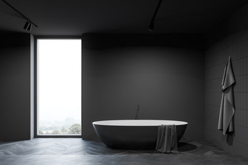 Fototapeta na wymiar Dark grey bathroom interior with tub