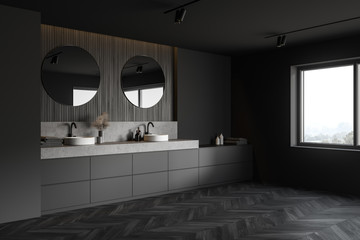 Gray and wooden bathroom corner with double sink