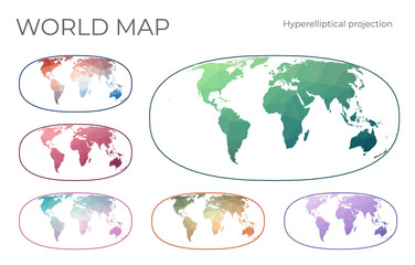 Low Poly World Map Set. Waldo R. Tobler's hyperelliptical projection. Collection of the world maps in geometric style. Vector illustration.