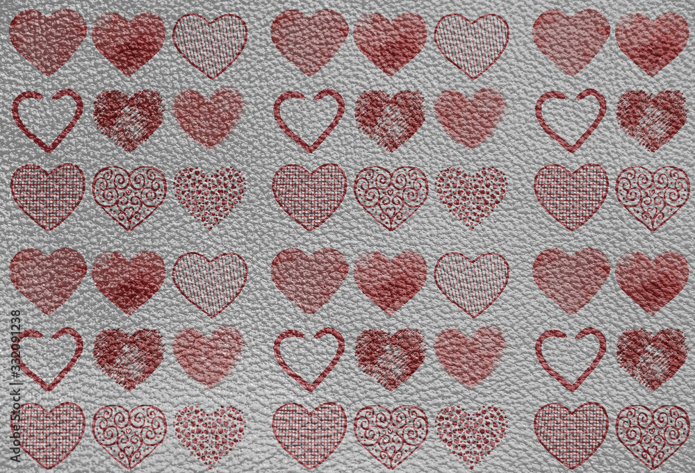 Canvas Prints the texture of genuine leather. gray background in red hearts.