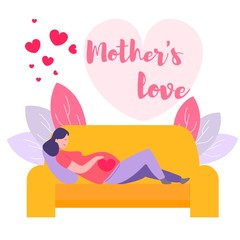 Young Pregnant Woman Lying on Couch Touching Big Belly with Heart Drawing. Mother's Love Typography. Girl Prepare to Maternity, Waiting Baby. Sweet Life Moment Cartoon Flat Vector Illustration, Banner