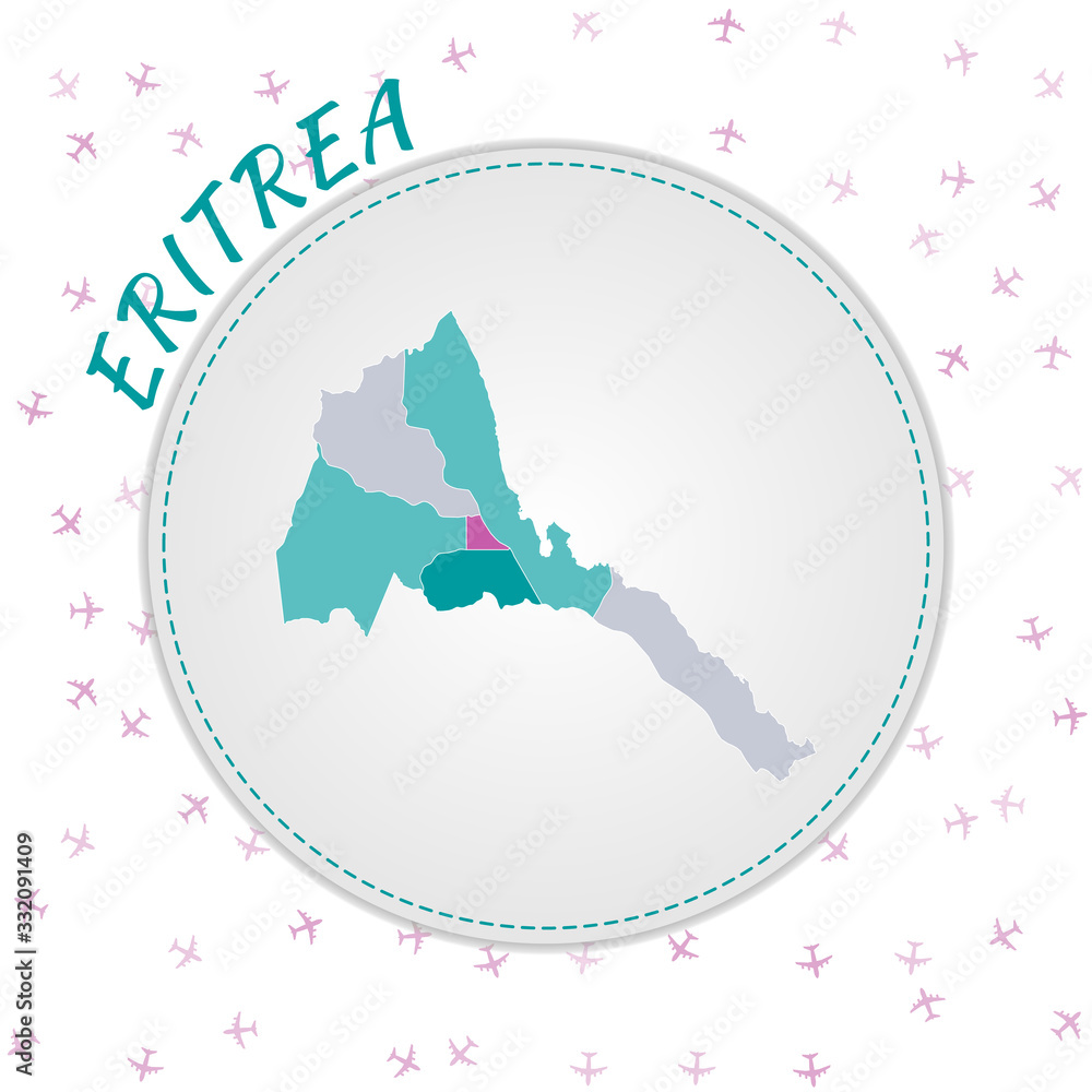 Poster eritrea map design. map of the country with regions in emerald-amethyst color palette. rounded trave