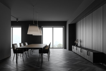 Gray and wooden dining room with cabinet