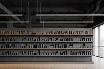 Gray supermarket shelves with products