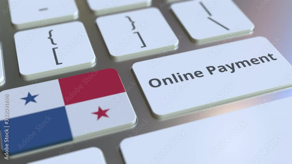 Poster online payment text and flag of panama on the keyboard. modern finance related conceptual 3d animati