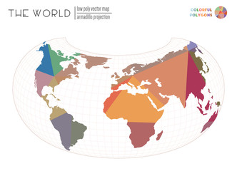 World map with vibrant triangles. Armadillo projection of the world. Colorful colored polygons. Stylish vector illustration.