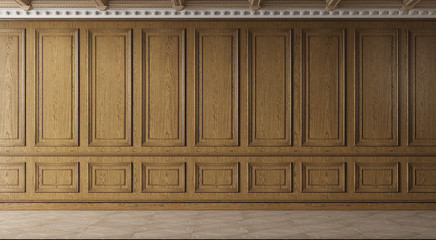 Classic luxury empty room with wooden boiserie on the wall. Oak wall panels, premium cabinet style.