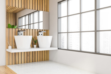 White and wooden panoramic bathroom, double sink