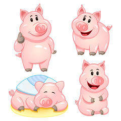 Cute cartoon pig characters in various poses. Vector illustration set.