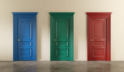 Three differently coloured classic doors. Clipping path included. 3d illustration. 