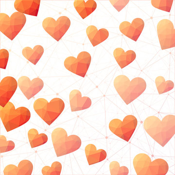 Geometric Hearts confetti. Polygonal hearts in yellow orange red colors. Artistic digital design. Trendy vector illustration.