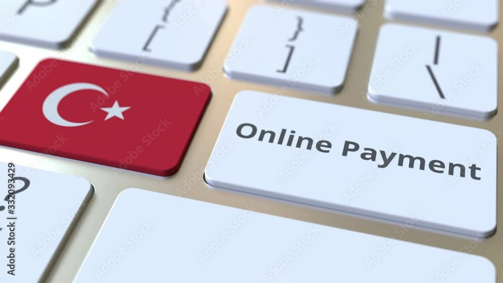 Poster online payment text and flag of turkey on the keyboard. modern finance related conceptual 3d animati